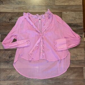 Free People Pink Lace Trim Blouse 100% Cotton high low button up size Large